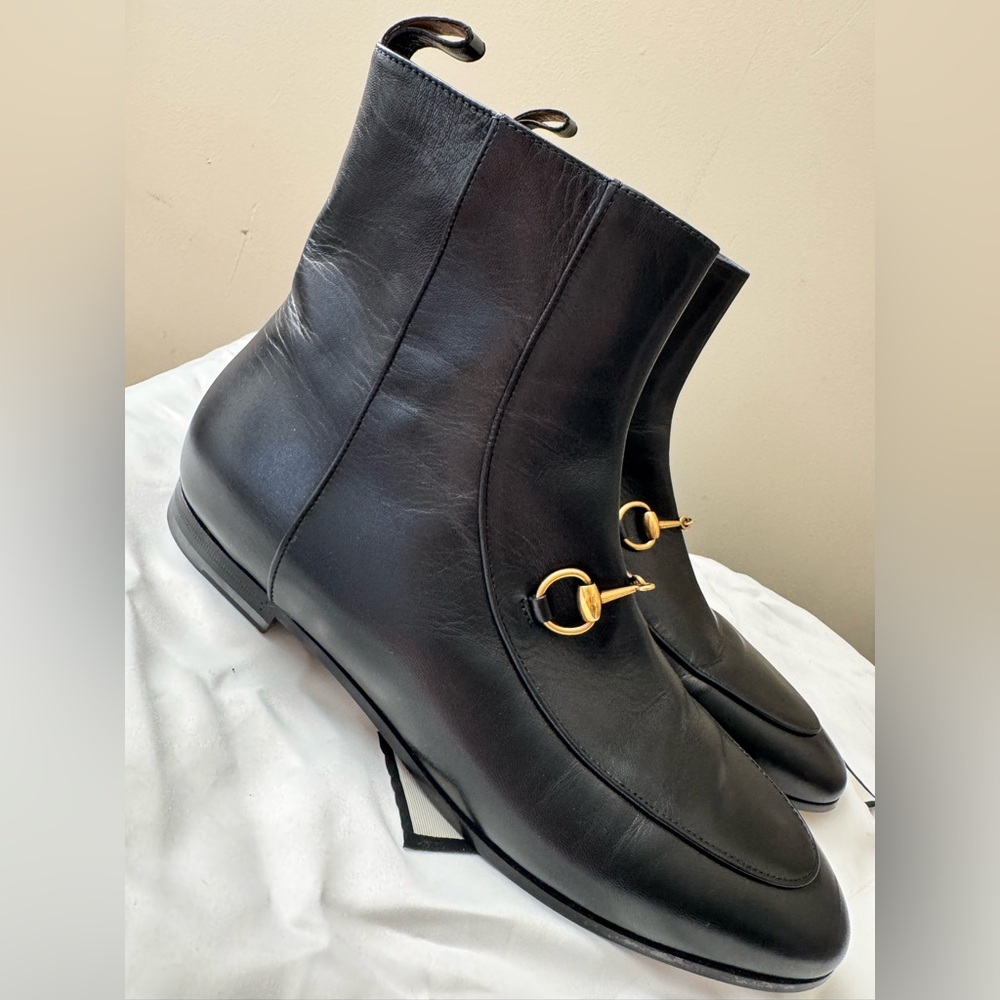 Gucci Black Leather Ankle Boots with Gold Hardware